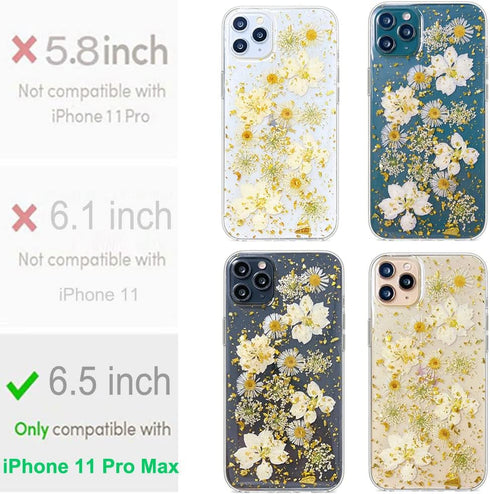 Abbery Designed for iPhone 11 Pro Max Pressed Flower Case, Cute Bling Glitter Sparkle Clear with Design Soft Silicone TPU Rubber Dried Real Floral...