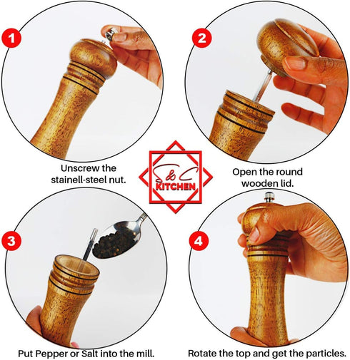 Wooden Pepper Mill or Salt Mill with a cleaning brush - 8 inch tall - Best Pepper or Salt Grinder Wood with a Adjustable Ceramic Rotor and easily ...