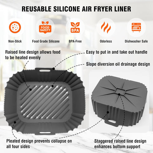 Large Air Fryer Silicone Liner for 8-10QT Ninja Dual Basket Air Fryer, Non-Stick Air Fryer Pot, Rectangular Air Fryer Silicone Basket, Reusable Ai...