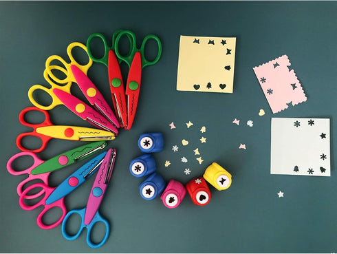 14PCS Creative Scissors & Craft Punch, 6 Different Patterns Edging Scissors + Paper Punch for Teachers Kids DIY Photo Scrapbooking Album - Colorfu...