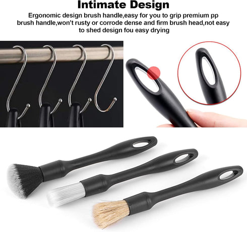 3 Pack Car Detailing Brush Set,Natural Boars Hair Ultra-Soft Cleaning Tool Auto Detail Brushes Kit for Clean Interior or Exterior,Dashboard,Air Ve...