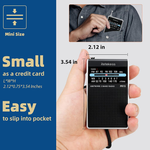 Retekess PR15 Pocket NOAA Weather Radio, AM FM Emergency Weather Radio Portable, Little Transistor Radio Powered by AAA Battery for Walking, Campi...