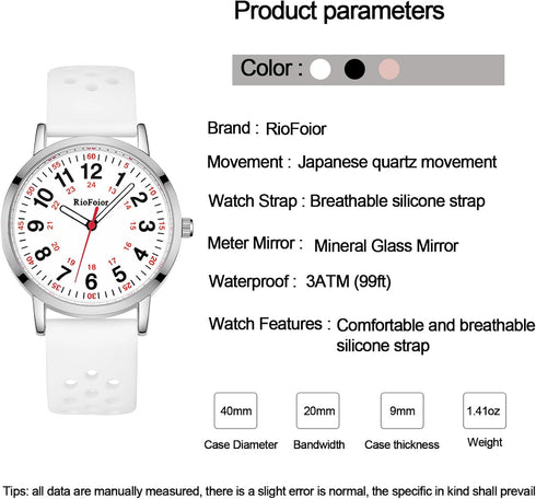 Nurse Watch for Nurses,Nursing Students,Medical Professionals,Doctors,with Variety Colors,Second Hand and 24 Hour,Soft Breathable Colour Silicone ...