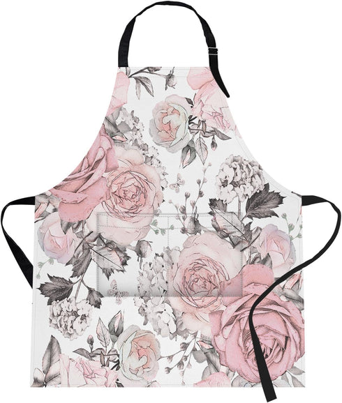 Britimes Apron Home Kitchen Cooking Baking Gardening for Women Men with Pockets Pink Flowers Leaves Watercolor Floral 32x28 inch...