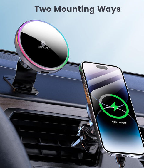 MOKPR for Magsafe Car Mount Charger-Wireless Car Charger-Magnetic Car Phone Holder for Dash Air Vent-LED RGB HandsFree Car Mount Fast Car Charger ...