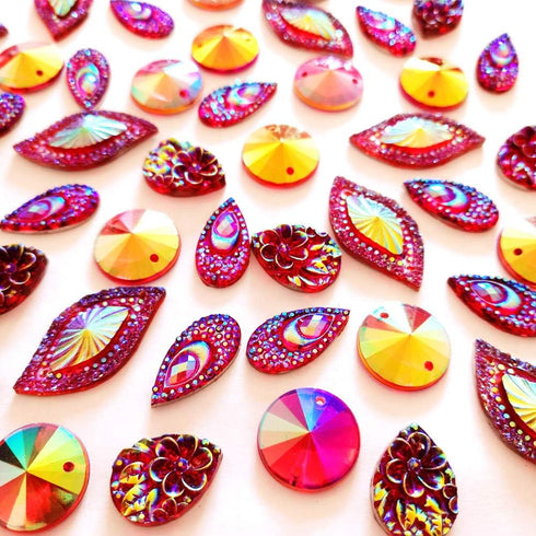80 Big Flower AB Mixed Size Sew On Rhinestones Flatback Beads Stones Sewing for Clothing Wedding Dress Decorations 2 Holes (Red)...