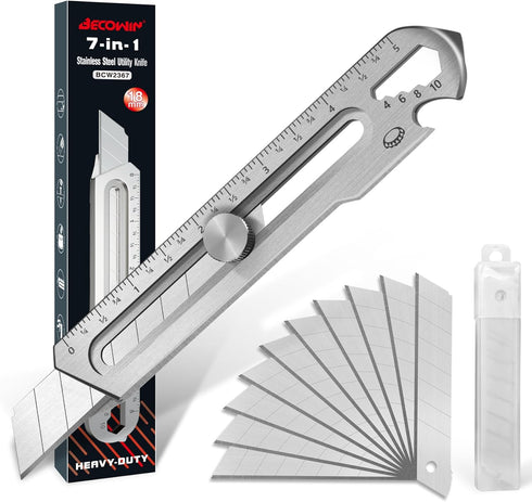 7-In-1 Mutipurpose Utility Knife, Stainless Steel Retractable Box Cutter, Heavy Duty Snap off Cutter Knife with 10PC 18MM SK5 Blades, Safety Lock ...