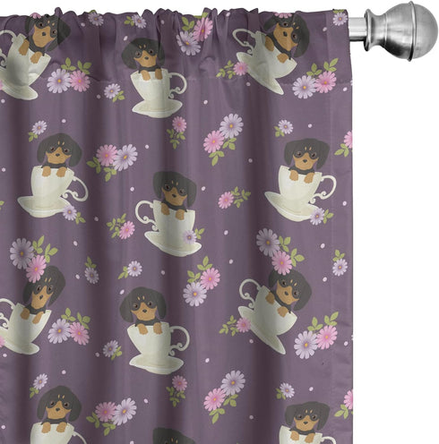 Ambesonne Tea Party Window Curtains, Dachshund Dogs Sitting Inside Cups and Wildflowers Aster Pets Graphic, Lightweight Decor 2-Panel Set with Rod...