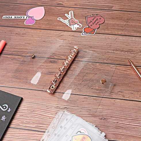 A7 Binder Cover Glitter Powder PVC Budget Binder Rose Gold 6 Round Ring Binders Snap Button Closure Loose Leaf Folders Refillable Soft PVC Noteboo...