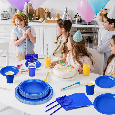 Blue Party Birthday Supplies, Blue Paper Plates Napkins Cups, Disposable Dinnerware Set Serves 25, Blue Plastic Forks Knives Spoon for Wedding Bri...