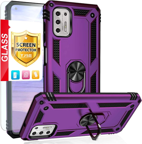 TJS Compatible with Motorola Moto G Stylus 2021 Case, with Tempered Glass Screen Protector, Metal Ring Kickstand Magnetic Support Drop Protective ...