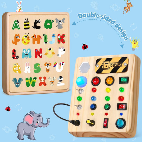 HONGDDY LED Busy Board, Wooden Sensory Toys for Toddler, Montessori Music Toy for Airplane, Travel Activity Educational Learning Toy, Busy Light S...
