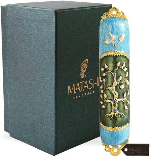 Hand Painted Enamel Mezuzah Embellished with a Tree of Life Design with Gold Accents and Crystals by Matashi, (MTMZ221)...