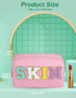 Preppy Makeup Bag, Synthetic Leather Patch Cosmetic Bag with SKIN Chenille Letter for Skincare, Gift for Girlfriend or Wife, Present for Girls, Da...