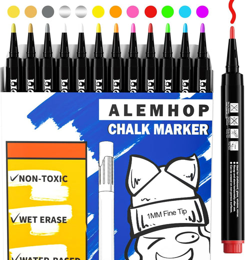 Chalk Markers - 12 Vibrant, Erasable, Fine Tip, Includes 3 Metallic Liquid Chalk Markers - Wet Erase Markers Fine Point - Chalk Board Pens for Acr...
