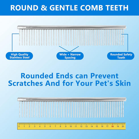 Stainless Steel Pet Dog & Cat Shedding Comb and Grooming Comb with Different Spaced Rounded Teeth,Wide Trimmer Comb. Silver...