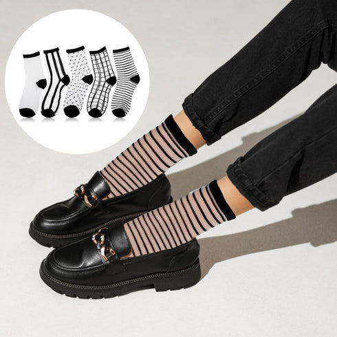 5Pairs Sheer Ankle Socks Black See Through Socks Striped Plaid Dot Cute Transparent Socks for Women Girls...