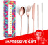 Rose Gold Travel Utensil Set, Stainless Steel Cutlery, Portable Camping Utensils, Set of 6 Reusable Silverware Set, Lunch Utensils Set for Work, I...