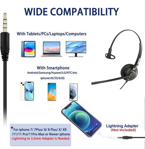 Arama Cell Phone Headset with Mic Noise Canceling, 3.5mm Wired Headset for iPhone Samsung PC iPad, Computer Headset for Skype for Business Office,...