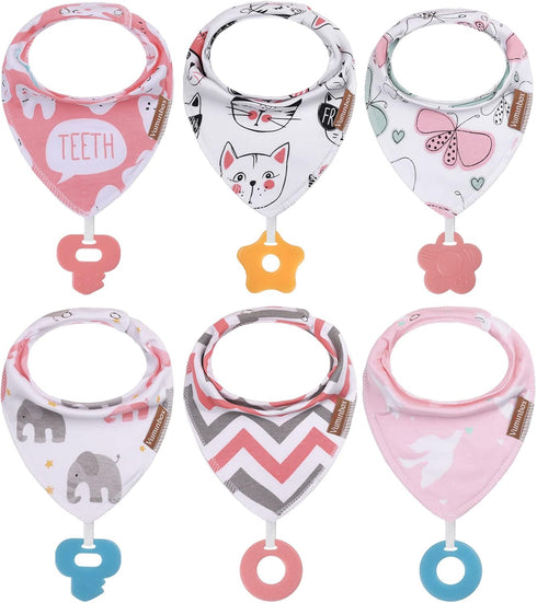 Baby Bandana Drool Bibs 6-Pack and Teething Toys 6-Pack Made with 100% Organic Cotton, Absorbent and Soft Unisex...