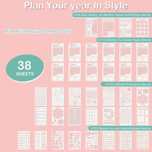Whaline 38Pcs Bullet Journal Stencils Templates Set 5.1 x 7.9 Inch Bullet Journals Accessories Planner Stencils for DIY Crafts Home School Office ...