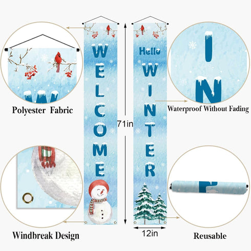 Welcome Hello Winter Porch Banner Snowman Cardinal Christmas Xmas Holiday Front Door Sign Wall Hanging Party Decoration...