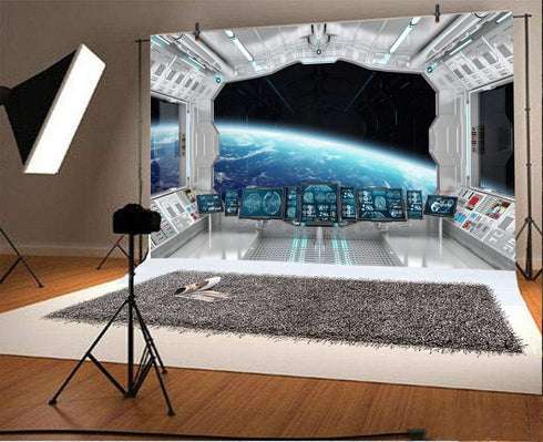 Leyiyi 5x3ft Spaceship Interior Backdrop 3D Universe Workshop Outer Space Travel Science Explore Station Earth Vista Photo Background Cowboy Kids ...