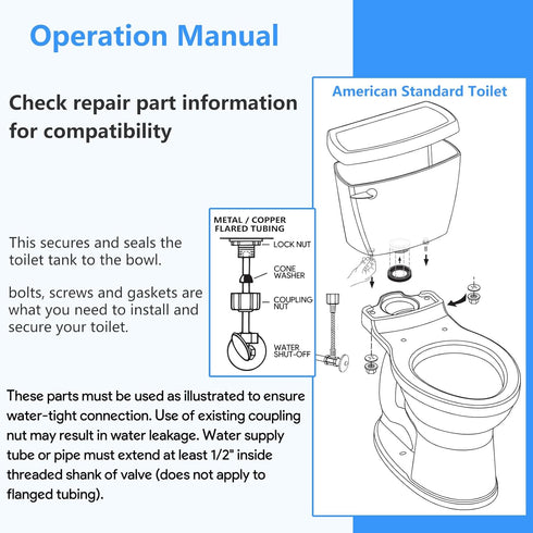 3'' Toilet Tank Gasket & Toilet Tank Bolts Parts Kit Tank to Bowl Gasket Kit Compatible with American Standards Champion 4 Toilet Part AS738756-00...