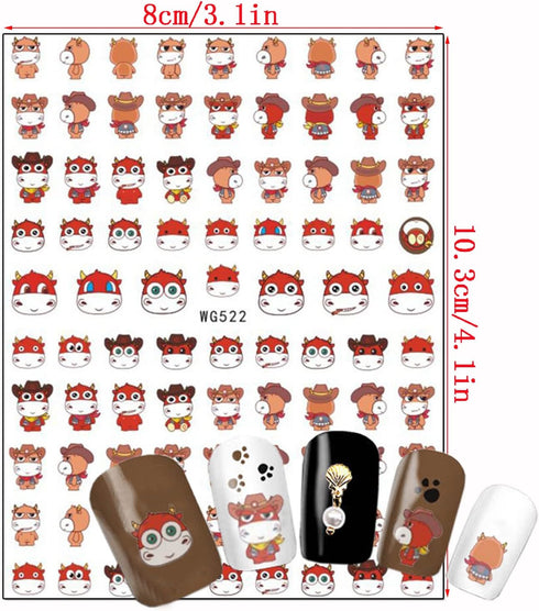 Cute Cow Nail Art Stickers, Cartoon Cow Nail Decals 3D Self-Adhesive Nail Sticker Design Holographic Cattle Nail Art Decal Decoration for Women Gi...