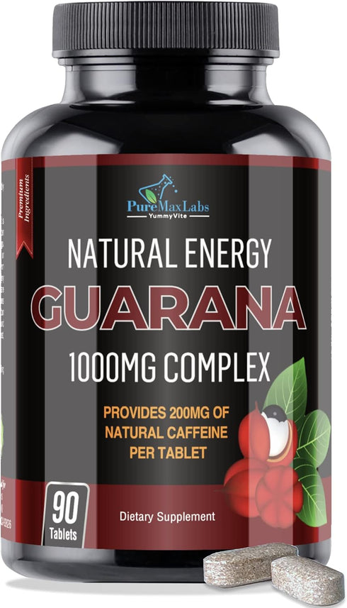 Natural Energy Guarana 1000MG - provides 200MG of herbal caffeine (2 cups coffee), antioxidants, boost energy, natural caffeine tablets, 90 Tablet...