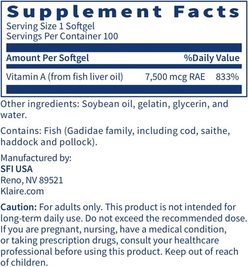 Klaire Labs Vitamin A - High Potency 25000 IU Dose (7,500mcg RAE) from Fish Liver Oil, Preformed Retinol Form (100 Softgels)...