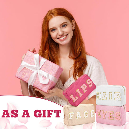 Pinkunn 4 Pcs Preppy Makeup Bag Cute Chenille Cosmetic Bags Face Eyes Lips Hair Corduroy Letter Patch Skin Zipper Patch Bags Travel Zipper Pouch M...
