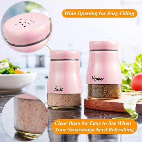 Pink Salt and Pepper Shakers Set, Bivvclaz 5 oz Stainless Steel Salt and Pepper Dispenser with Glass Bottom, Cute Salt and Pepper Shakers for Pink...