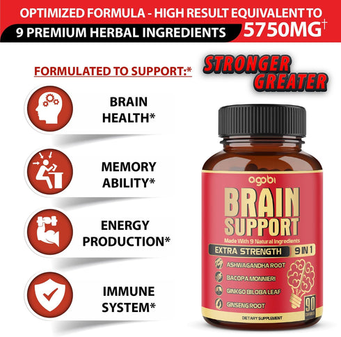 9in1 Brain Support Supplement - Concentrated Ashwagandha Root, Gotu Kola Powder, Bacopa Monnieri Powder and More - 90 Capsules - 3-Month Supply...