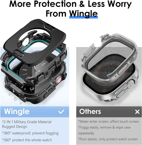 Wingle Rugged Waterproof Case for Apple Watch 45mm Series 9 8 7 Screen Protector with Tempered Glass, 2 in 1 Military Grade 360 Full Protective Bu...