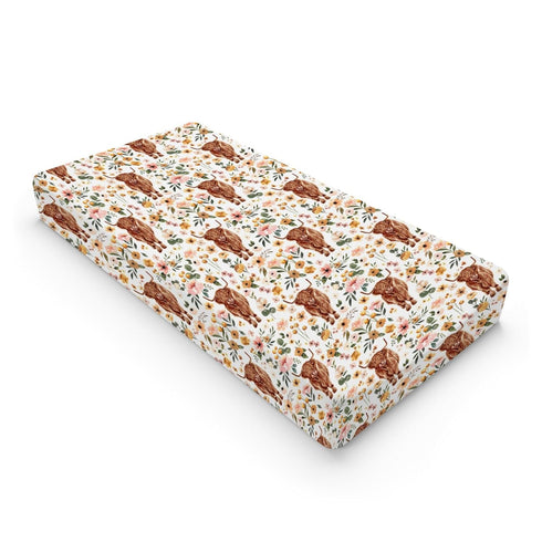 Highland Cow Boho Floral Changing Pad Cover for Baby Girls, Western Farm Animal Retro Flower Diaper Change Table Covers, Soft Stretchy Safe Snug F...