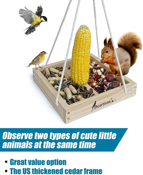 Platform Squirrel & Bird Feeders, Quality Cedar Made Wood Tray Garden Hanging Animal for Yard Outside Decoration Attrcting for Wild Birds...