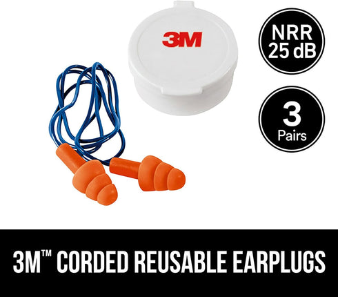 3M Corded Reusable Earplugs, 3 Pack, Noise Reduction Rating (NRR) 25 dB, Easy To Use & Insert, Pliable & Tri-Flange Design Enhances Comfort & Fit,...