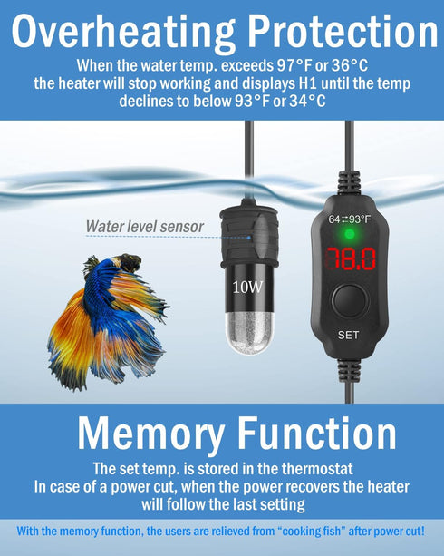 AquaMiracle Adjustable 10W Betta Heater Small Aquarium Heater Submersible Fish Tank Heater 5V/2A USB Powered Super Mini Aquarium Heater with Digit...