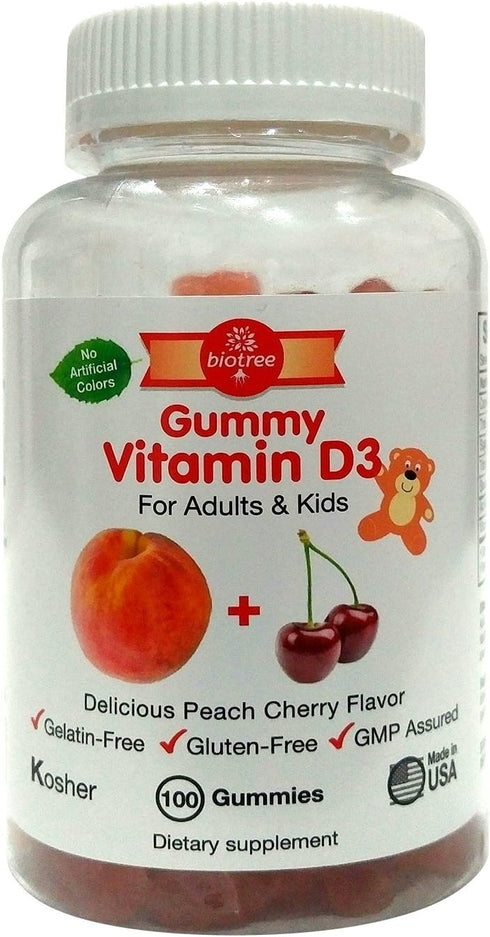 BioTree Labs Vitamin D Gummy Bears - Pack of 100, for Adults & Kids | Peach & Cherry Flavored Chewable Vitamin D3 | Great for Healthy Bones, Teeth...