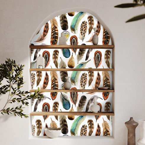 Boho Peel and Stick Wallpaper, 17.71in X 118.1in Self Adhesive Removable WallPaper Brown/Green Plumes Contact Paper Waterproof Decorative Wallpape...