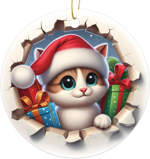 3D Cute Cat in Santa Hat with Presents Christmas Ornament - Christmas Oranment - Xmas Tree Decoration - Fun 2023 Christmas Ornament - 3" Round PVC...