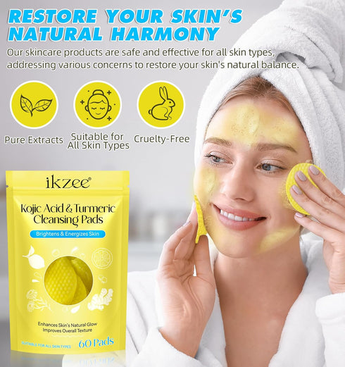 Kojic Acid Cleansing Pads,Kojic Acid and Turmeric Cleansing Pads for face,Turmeric Kojic Acid Lemon Chamomile Pads with Natural Ingredients,All Sk...