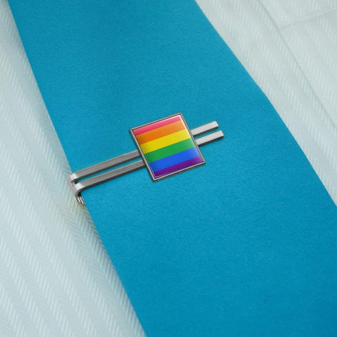 Rainbow Pride Gay Lesbian Contemporary Square Tie Bar Clip Clasp Tack- Silver or Gold...