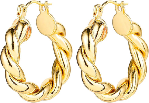 14K Gold Hoop Earrings for Women, Hypoallergenic Chunky Gold Hoop Earrings Multipack, Lightweight Twisted Huggie Hoops Earring Set Jewelry for Gif...
