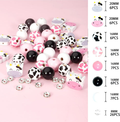 70pcs Chunk Beads,16mm Cow Print Wood Beads and 20mm Flat Wooden Beads Crystal Spacer Beads Set Focal Beads for Beadable Pens Ballpoint Pen Shaft ...