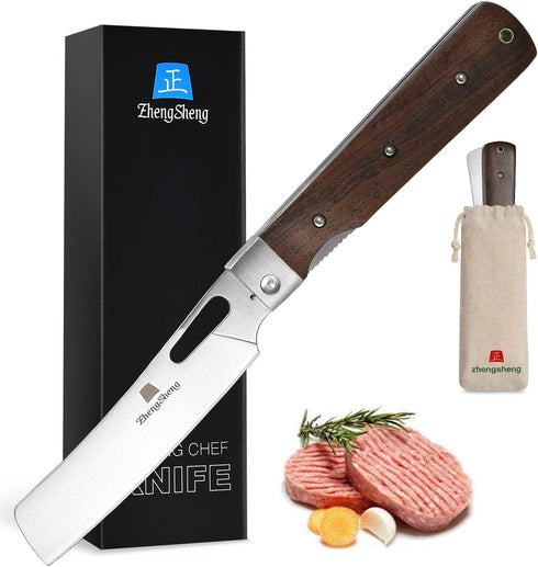 ZhengSheng Folding Chef Knife 4.8" Sharp 440A Stainless Steel Blade Wooden Handle Pocket Foldable Japanese Style Kitchen Knife for Outdoor Camping...