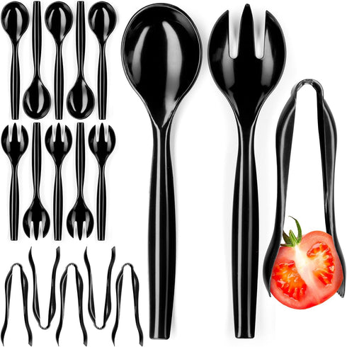 Disposable Plastic Serving Utensils - Set of 18 Black Plastic Utensils, 6 Each 6" Serving Tongs, 10” Serving Spoons, 10” Serving Forks, Buffet Ser...