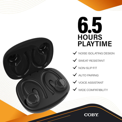 Coby True Wireless Bluetooth Earbuds | Interchangeable Ear Hooks & Tips | Sweat-Resistant |14-Hours Play Time | Drop-Proof Charging Case | Wireles...