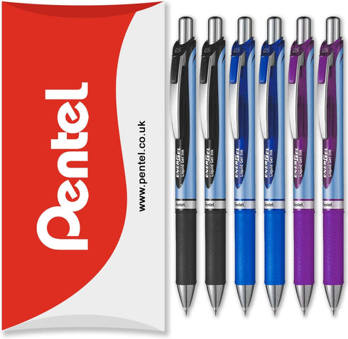 Pentel Energel BLN75 Retractable Gel Ink Rollerball Pen - 0.5mm - 54% Recycled (Black, Blue & Violet Pack of 6)...